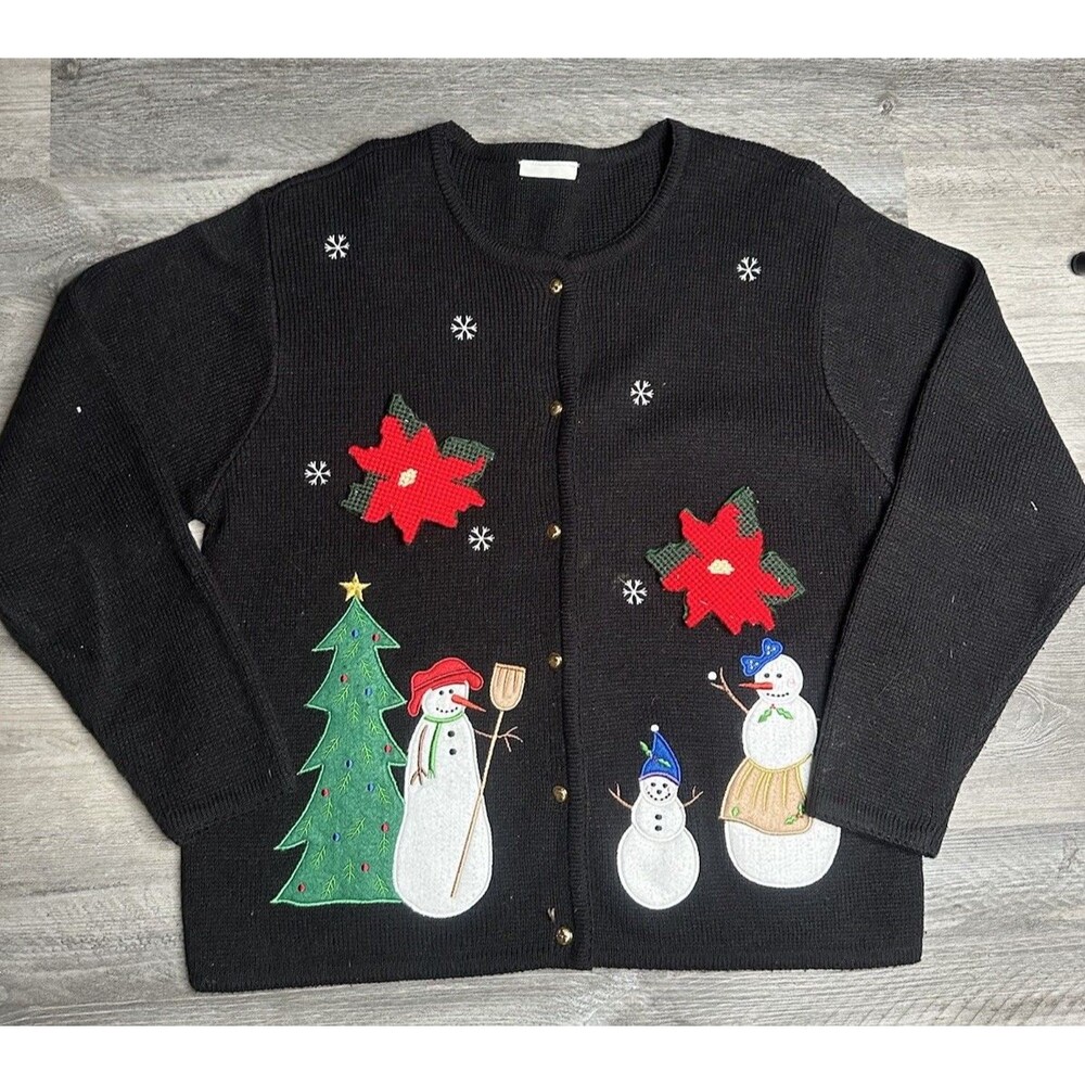 Vtg Crystal Kobe Black Ugly Christmas Cardigan Sweater Snowman Large / No Tag